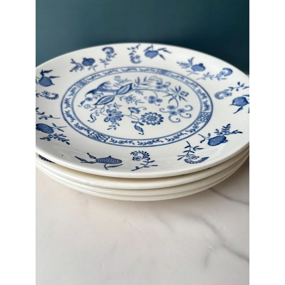 Vintage Blue Onion Scio USA Dinner Plates Set of 4 White Ceramic 10 in